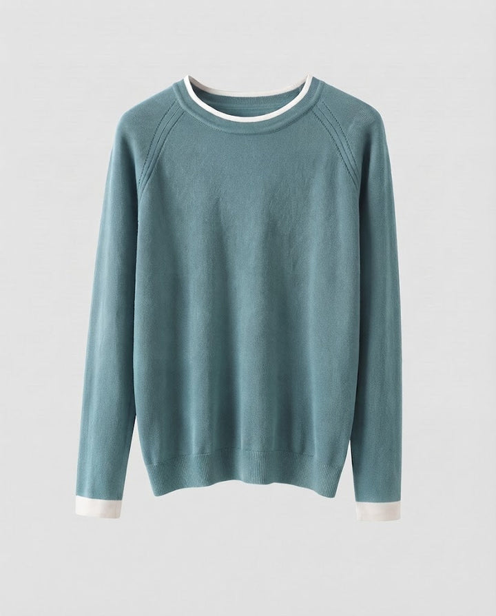 Women Fine Round Neck Sweater with Contrasting Edge Trim and Slim Silhouette Mune Fashion