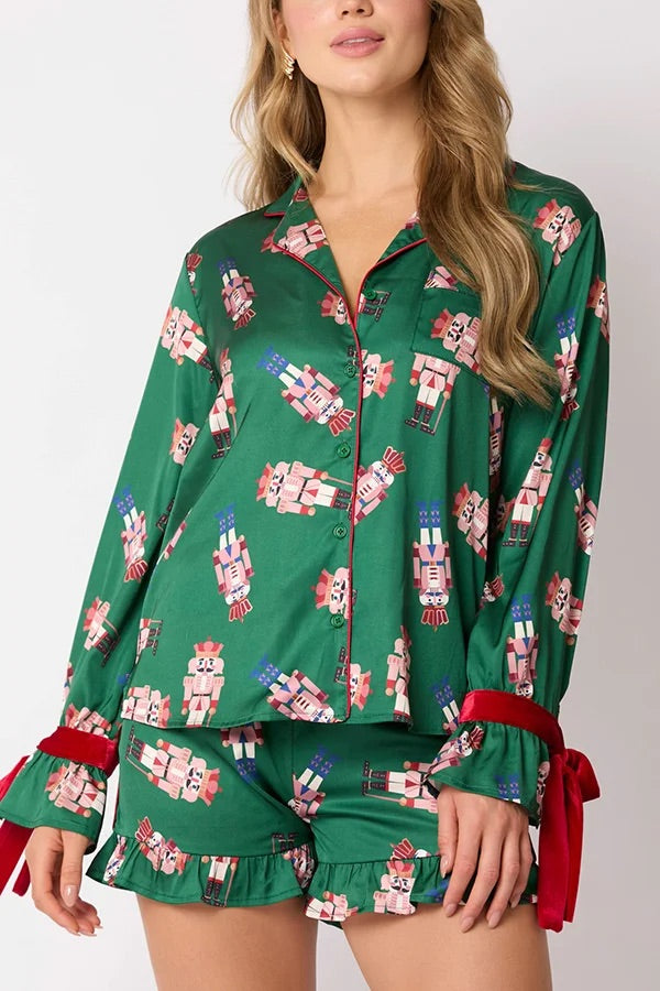 Mune | Christmas Fashion Printed Bow Top and Elastic Waist Ruffle Shorts Set