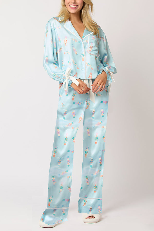 Mune | Christmas Printed Velour Lacing Long Sleeve Pocket Top and Elastic Waist Pants Set