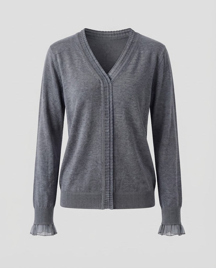 Ladies Fine V-Neck Fine Knit Sweater with Pleated Trim and Flowing Silhouette Mune Fashion