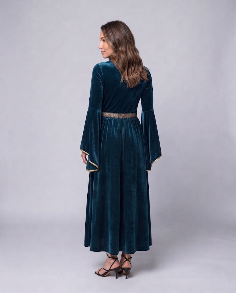 Ladies Elegant Maxi Dress with Wide Flared Sleeves and Decorative Waist Belt Mune Fashion