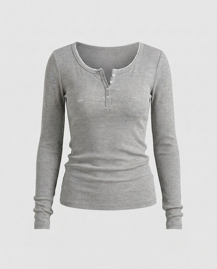 Women's Fitted Ribbed Long Sleeve Henley Shirt with Decorative Button Placket and Scalloped Edge Mune Fashion
