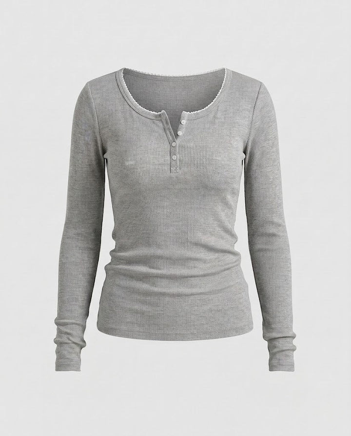 Women's Fitted Ribbed Long Sleeve Henley Shirt with Decorative Button Placket and Scalloped Edge Mune Fashion