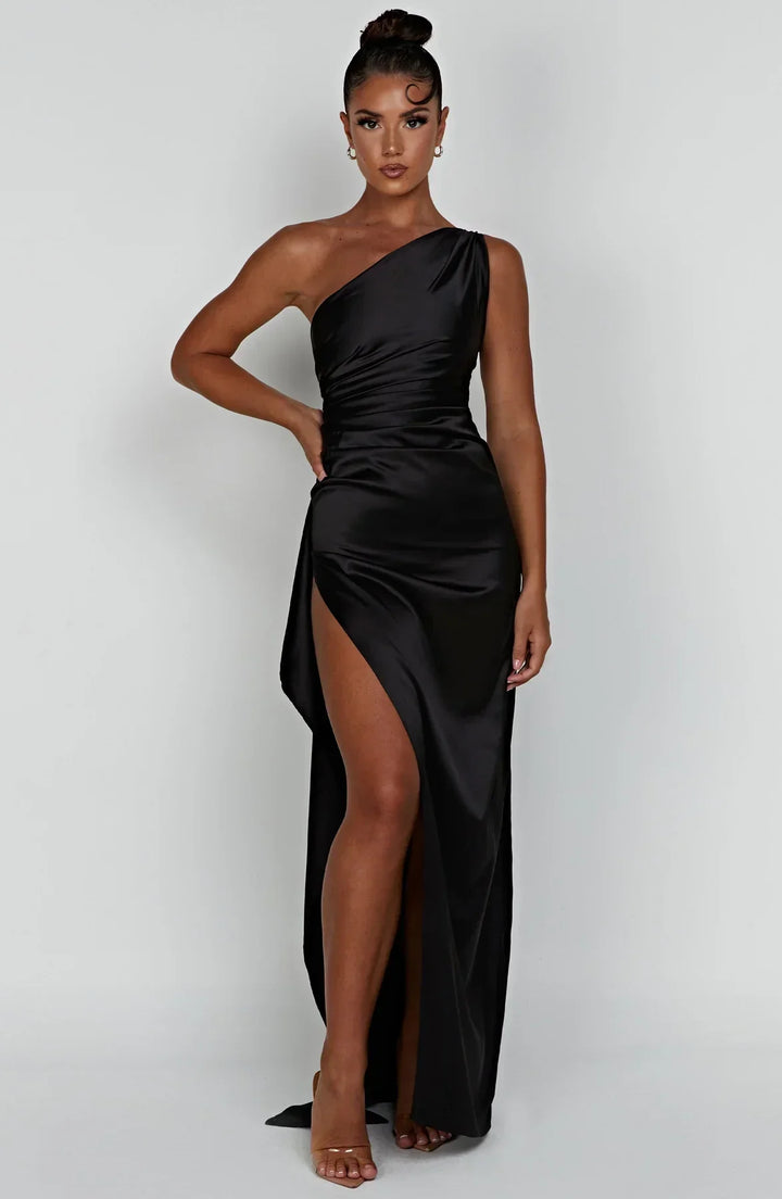 Mune | Satin Dress with Slit On One Shoulder