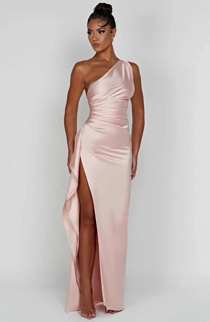 Mune | Satin Dress with Slit On One Shoulder