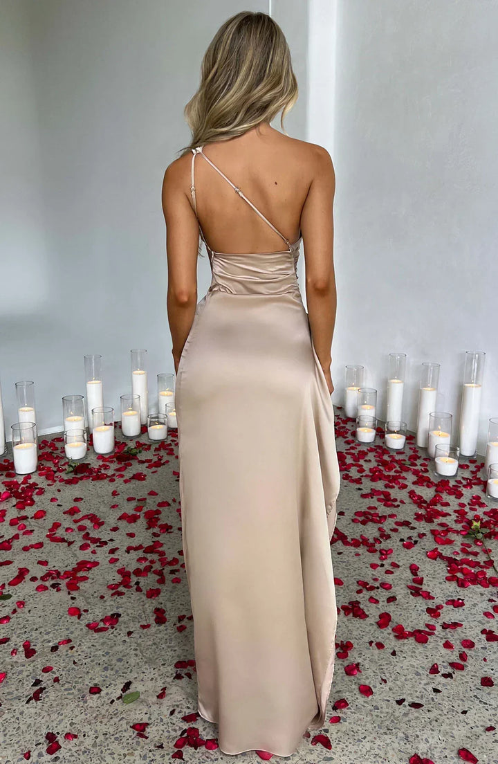 Mune | Satin Dress with Slit On One Shoulder