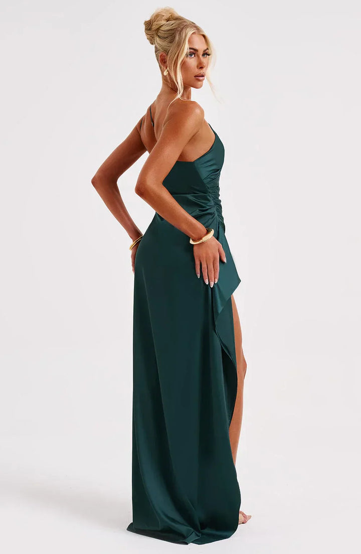 Mune | Satin Dress with Slit On One Shoulder