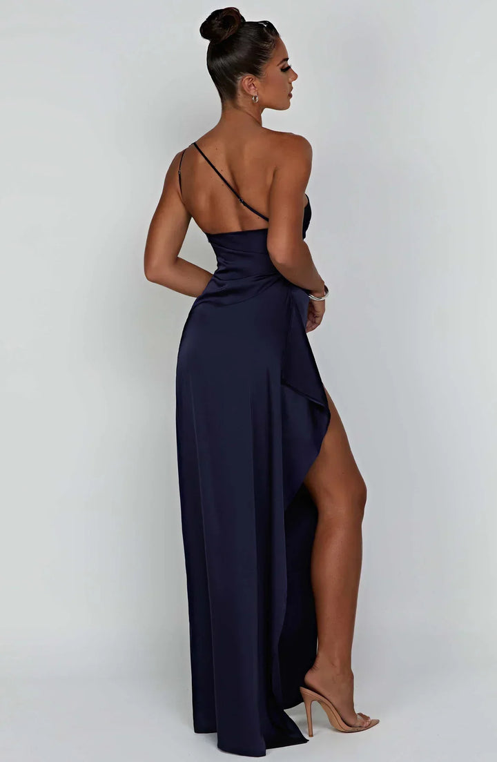 Mune | Satin Dress with Slit On One Shoulder
