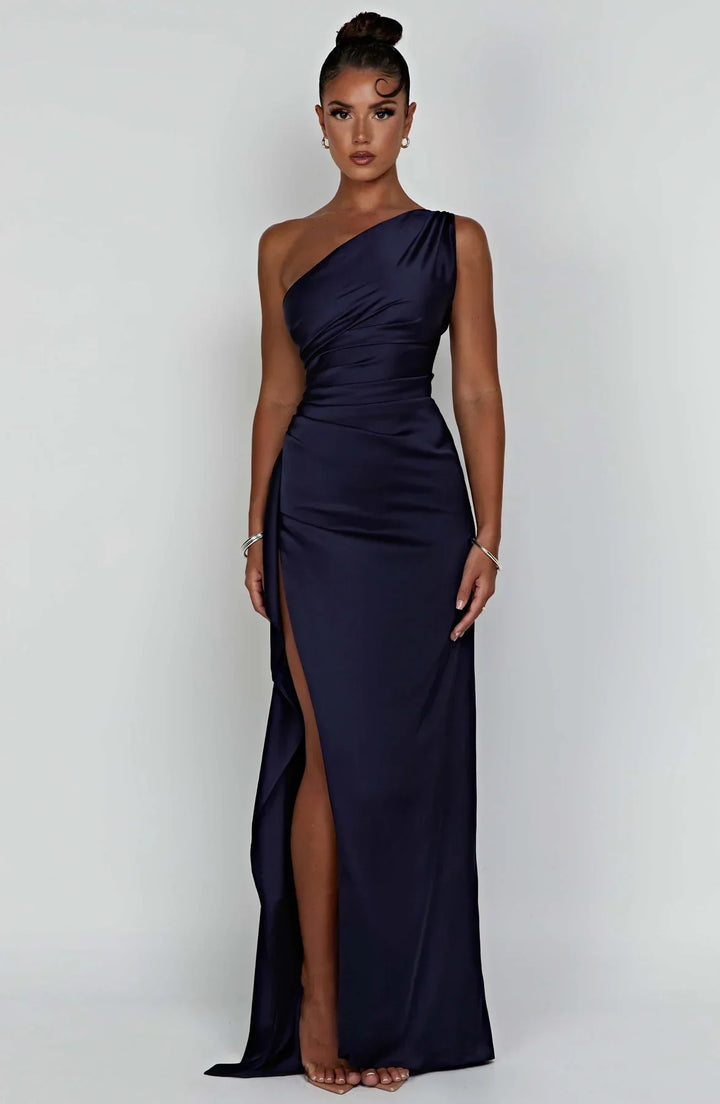 Mune | Satin Dress with Slit On One Shoulder