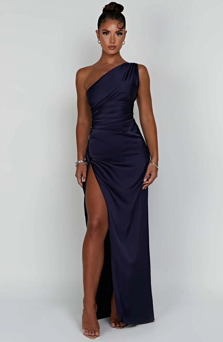 Mune | Satin Dress with Slit On One Shoulder