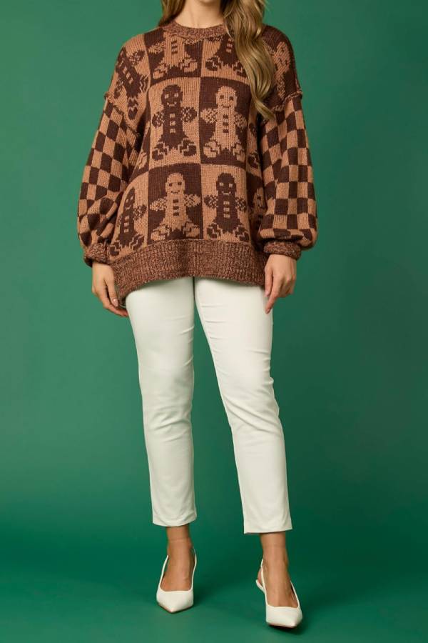 Mune | Christmas Gingerbread Man Crew Neck Long Sleeve Loose Knit Sweater