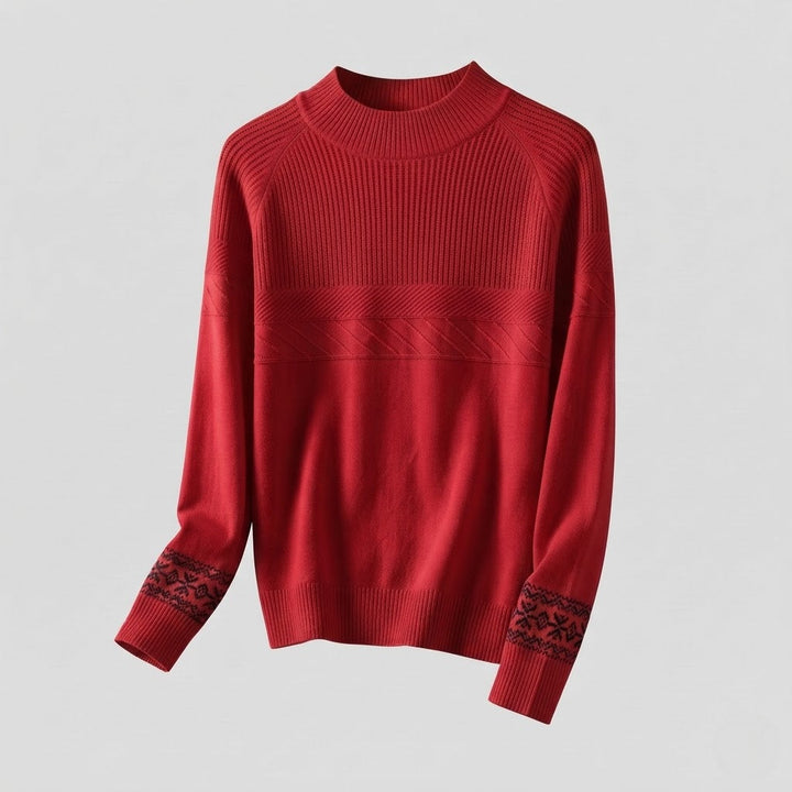 Women's fine-knit pullover with a short stand-up collar, structured yoke and Norwegian motif at the sleeve hem Mune Fashion