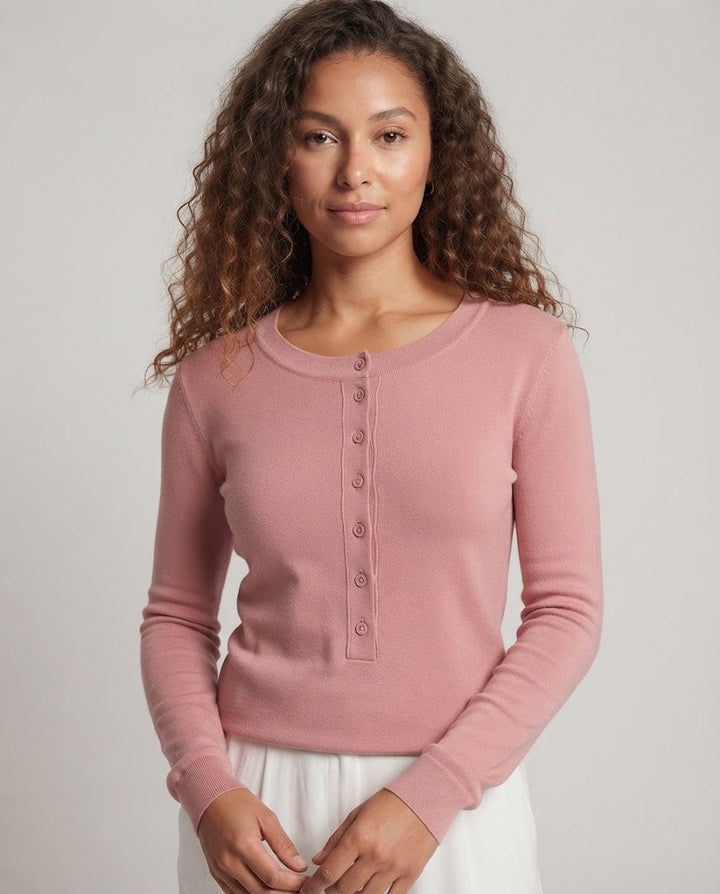 Ladies Fine Long Sleeve Henley made of fine knit with buttonable center placket and slim fit Mune Fashion