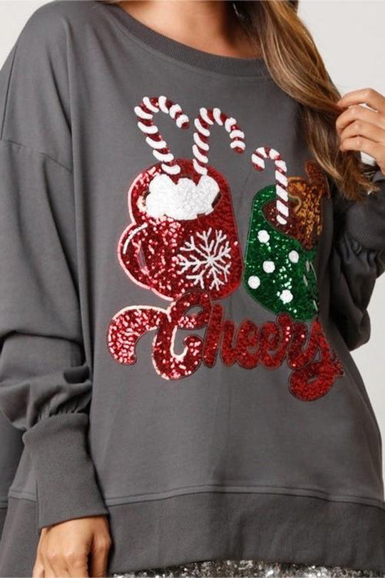 Mune | Christmas Candy Cup Sequins Casual Loose Sweatshirt