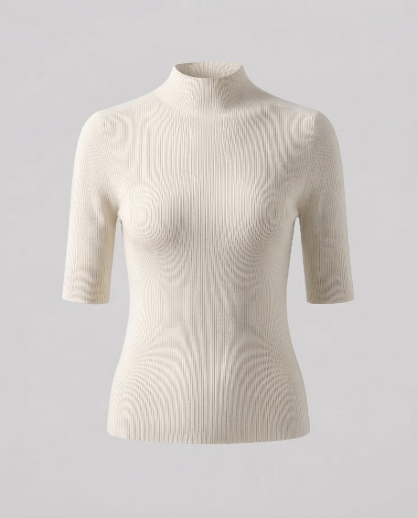 Women Half Sleeve Fine Knit Sweater with Short Stand Collar and Fitted Cut Mune Fashion