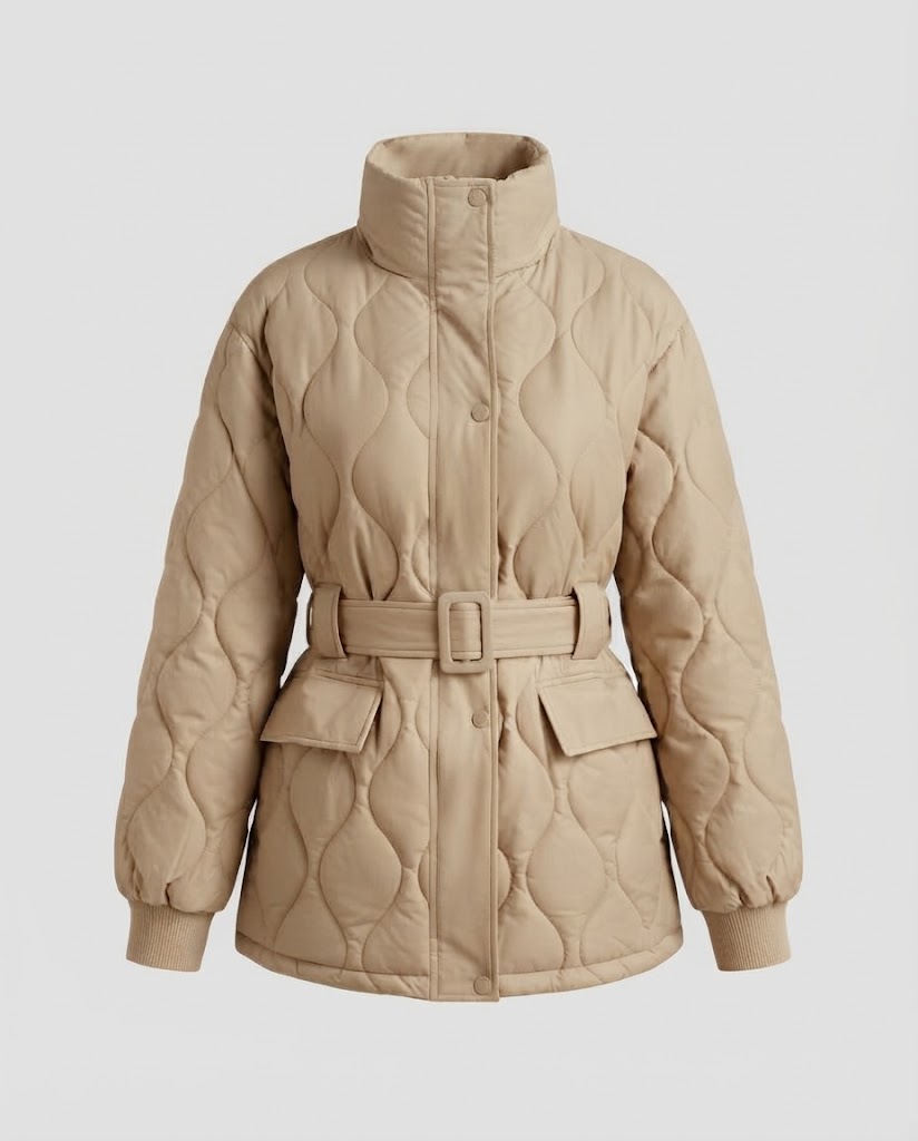 Women's quilted waist jacket with wave quilting, belt & flap pockets Mune Fashion