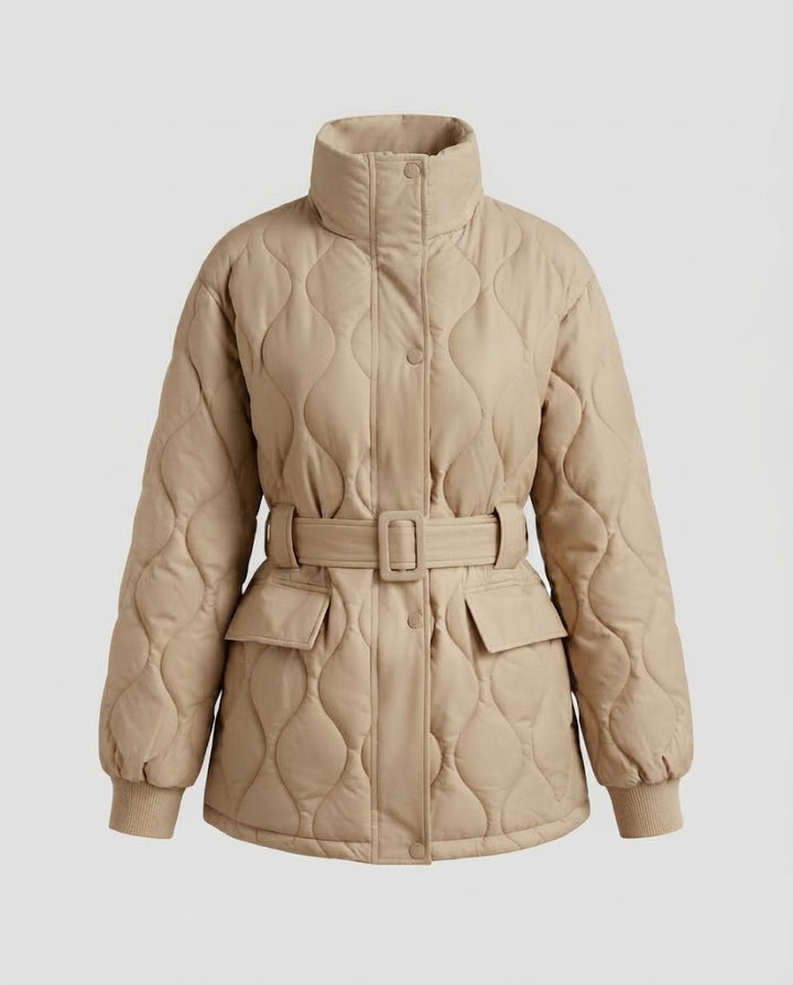 Women's quilted waist jacket with wave quilting, belt & flap pockets Mune Fashion