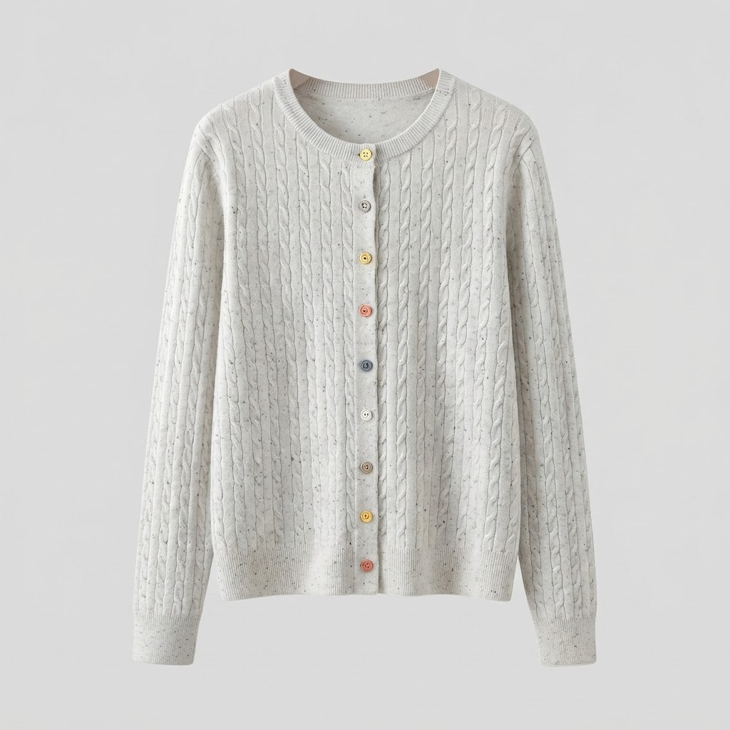 Women's fine knit cardigan with cable pattern and colorful buttons Mune Fashion