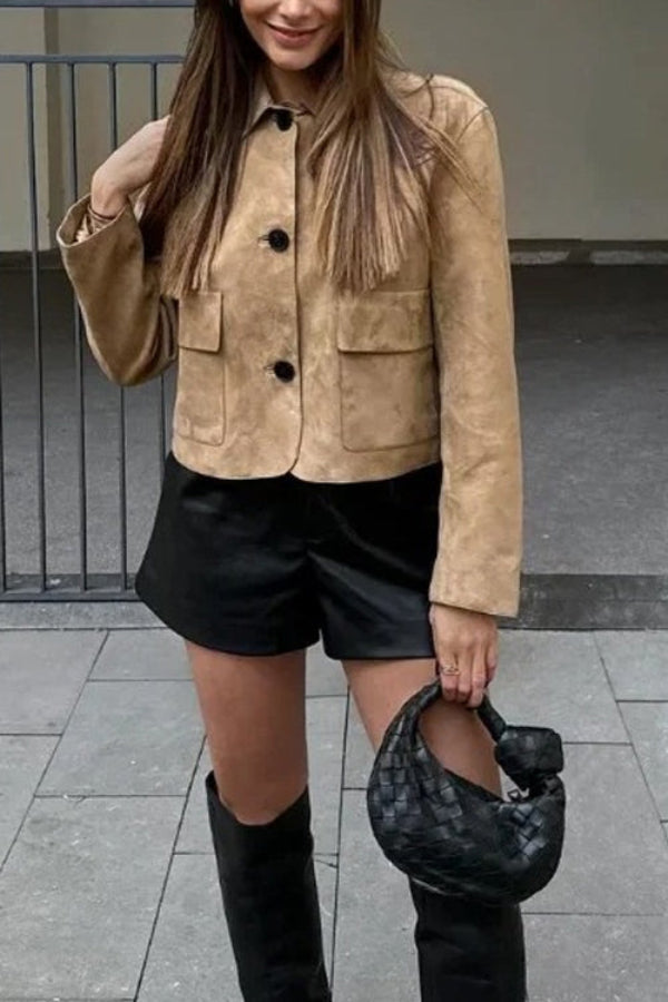 Mune | Button Closure Pocket Faux Suede Crop Jacket