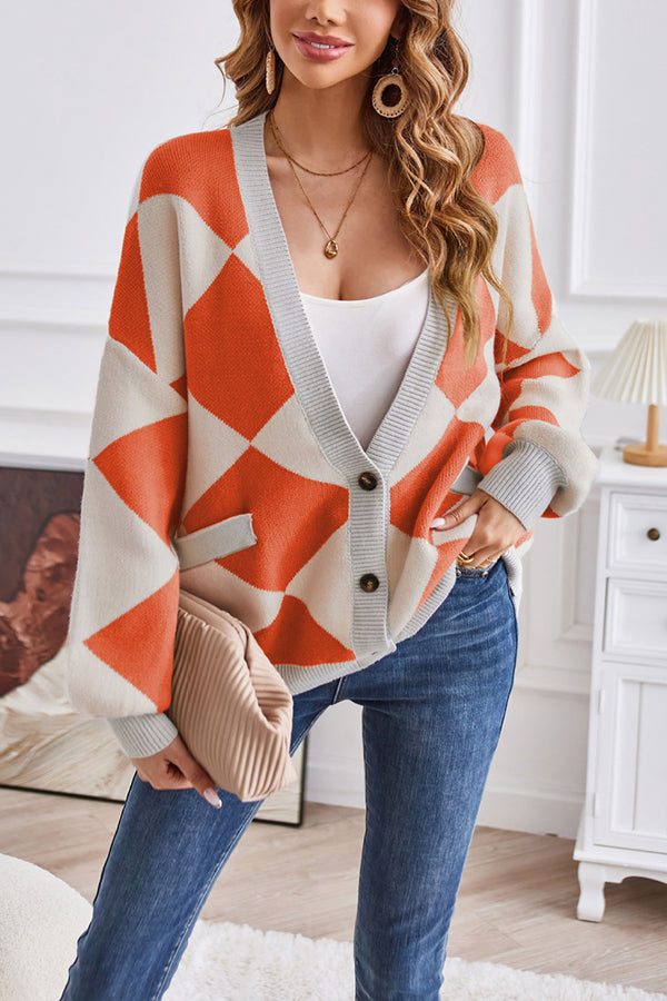 Mune | Neck Geometric Patchwork Contrasting Knit Cardigan Casual Loose Jacket