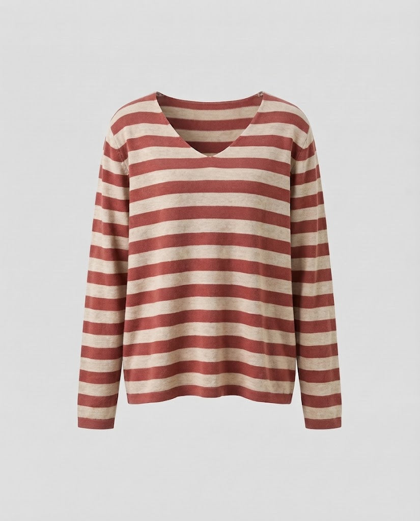 Women's Striped Fine Knit Sweater with V-Neck and Casual Oversized Fit Mune Fashion