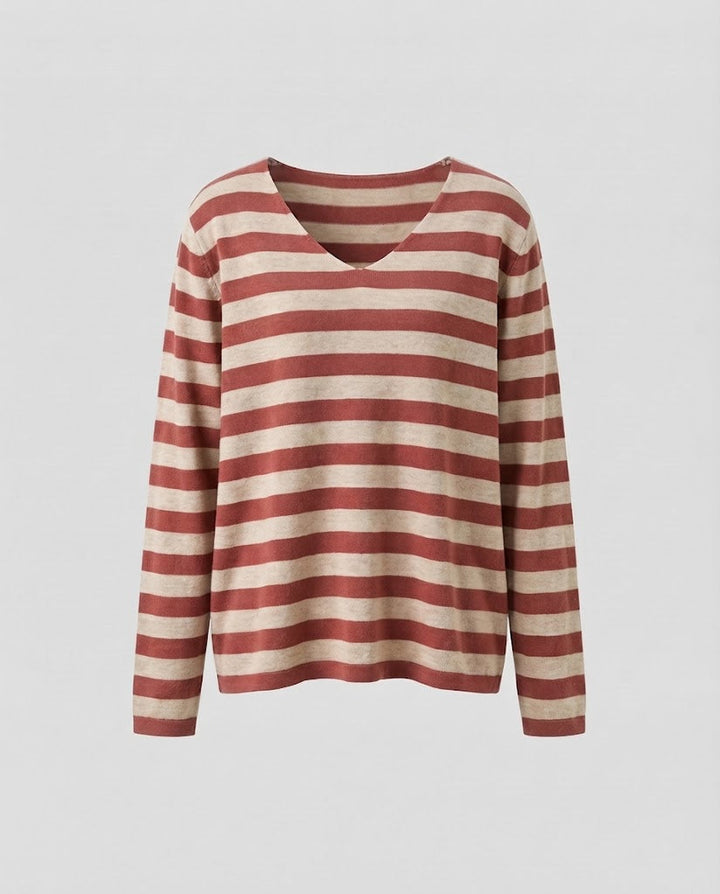 Women's Striped Fine Knit Sweater with V-Neck and Casual Oversized Fit Mune Fashion