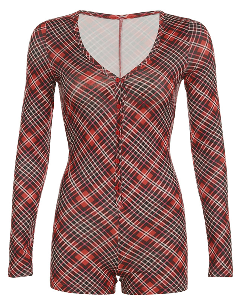 Mune | Christmas Check Pattern V Neck Long Sleeve Jumpsuit Shorts