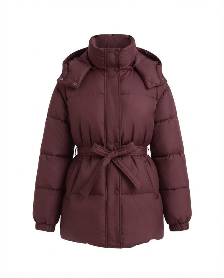 Women's mid-length quilted winter coat with tie belt, high stand-up collar and snap button placket