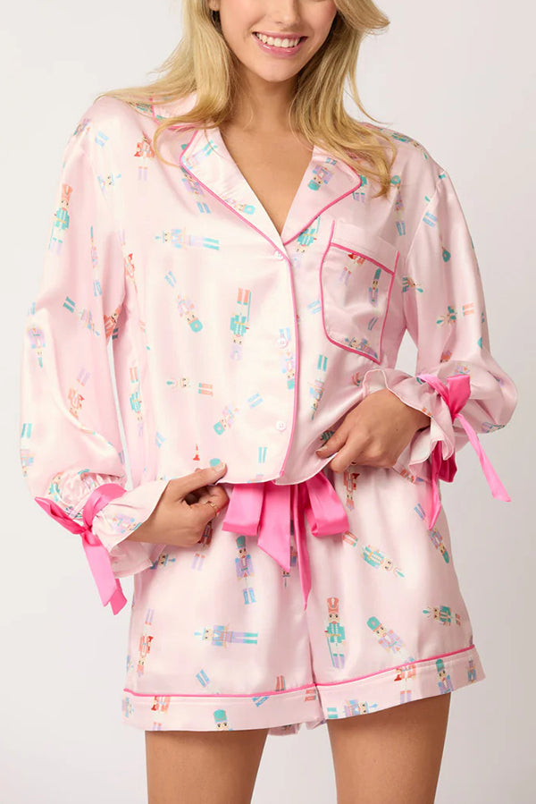 Mune | Christmas Print Lace-Up Cuff Top and Elastic Waistband Pockets Casual Shorts Set