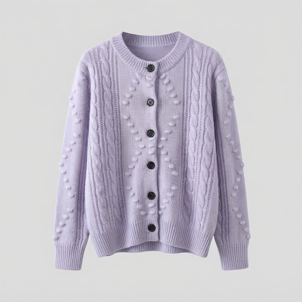 Women’s fine knit cardigan with cable pattern, bobble lace and round neckline Mune Fashion