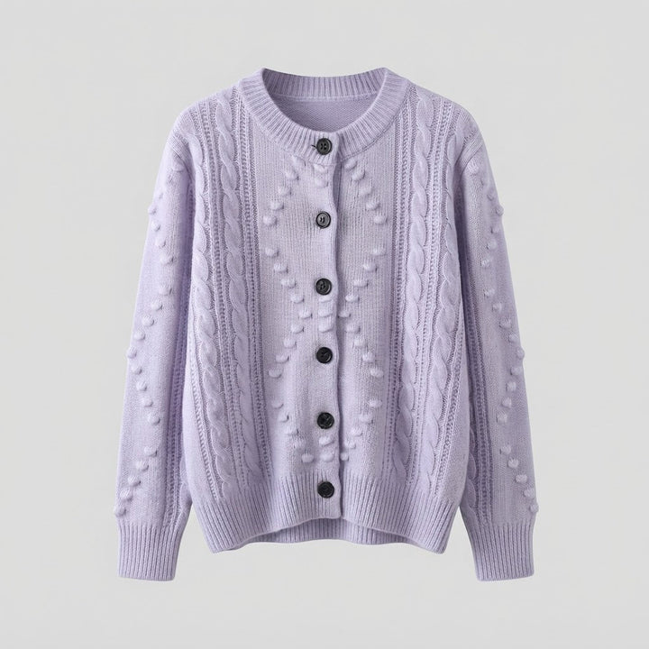 Women’s fine knit cardigan with cable pattern, bobble lace and round neckline Mune Fashion