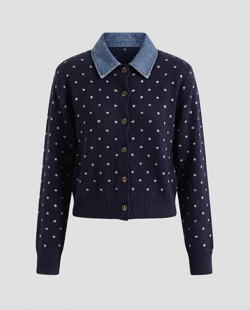 Women's Polka Dot Cardigan with Denim Collar and Button Placket Mune Fashion