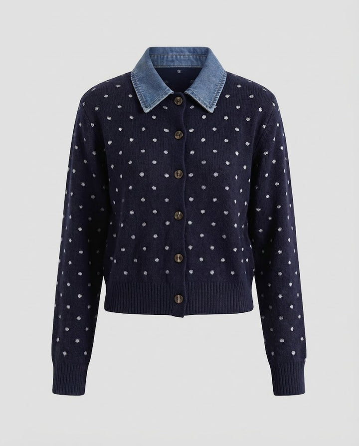 Women's Polka Dot Cardigan with Denim Collar and Button Placket Mune Fashion