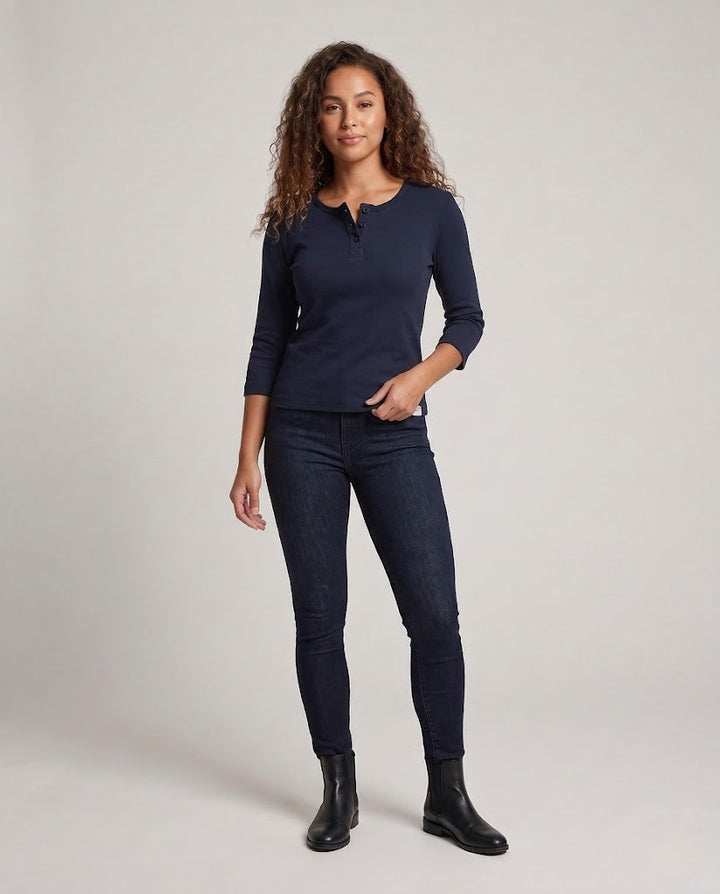 Women's Ribbed Henley Cropped Shirt with Three-Quarter Sleeves Mune Fashion