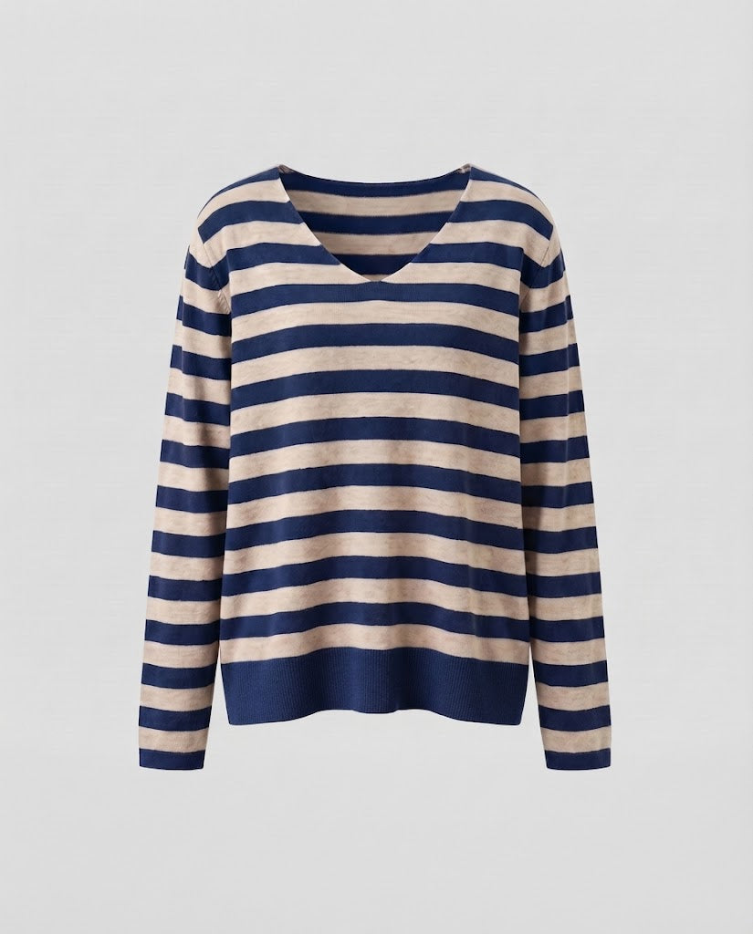 Women's Striped Fine Knit Sweater with V-Neck and Casual Oversized Fit Mune Fashion