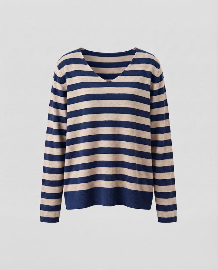 Women's Striped Fine Knit Sweater with V-Neck and Casual Oversized Fit Mune Fashion