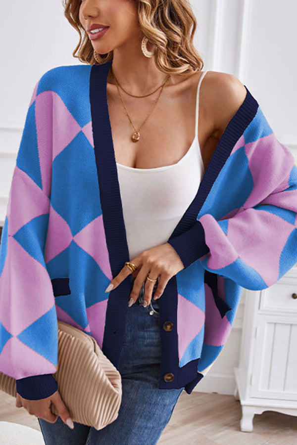 Mune | Neck Geometric Patchwork Contrasting Knit Cardigan Casual Loose Jacket