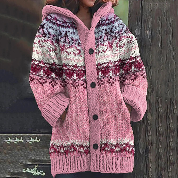 Women Fair Isle Hooded Knit Cardigan