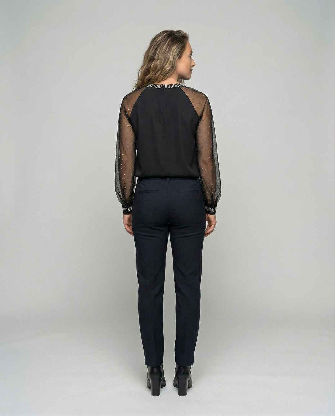 Mune Fashion Women's Mesh Blouse with Rhinestone Trim and Transparent Sleeves