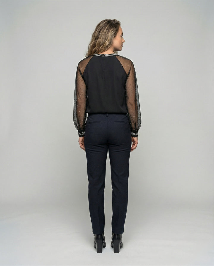 Mune Fashion Women's Mesh Blouse with Rhinestone Trim and Transparent Sleeves