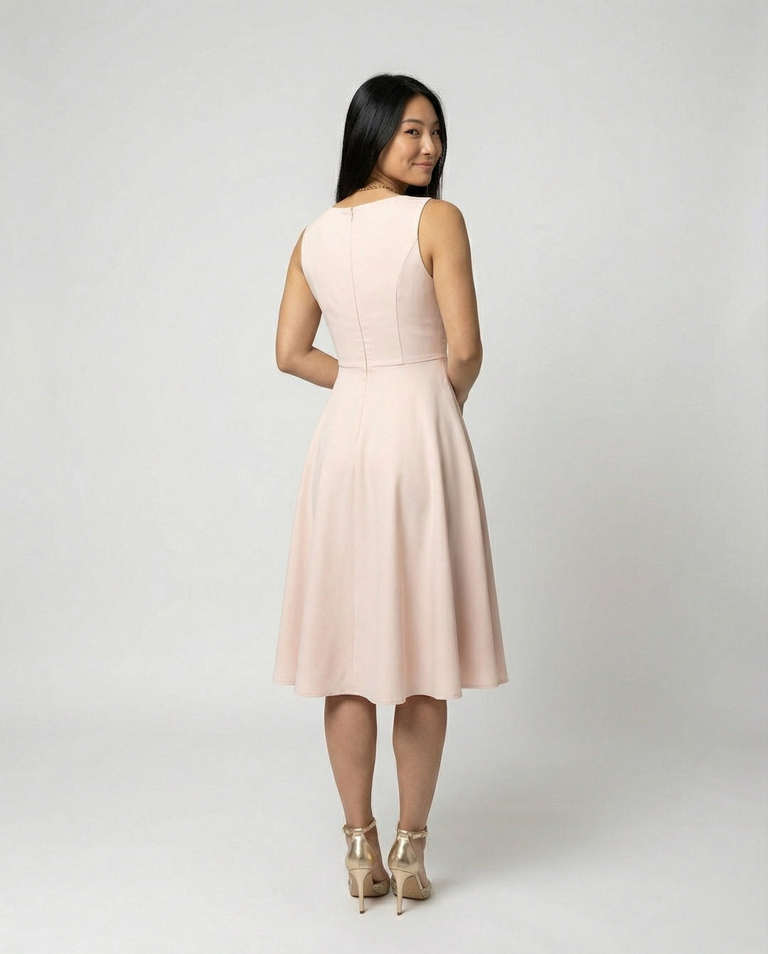 Midi dress in A-line, zipper, straps, V neck, sleeveless, elegant, for women, cocktail party