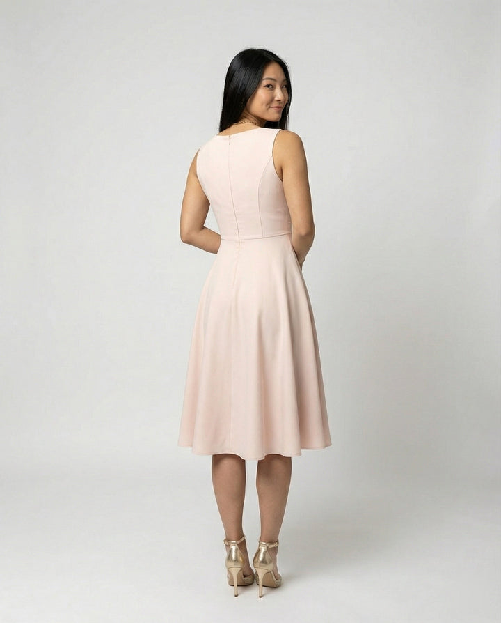 Midi dress in A-line, zipper, straps, V neck, sleeveless, elegant, for women, cocktail party