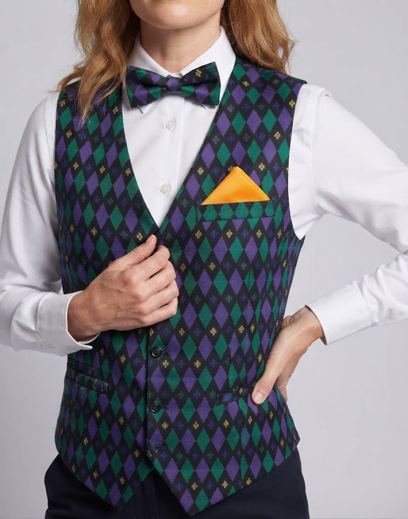 Ladies festive waistcoat with colorful checked pattern and matching accessories Mune Fashion