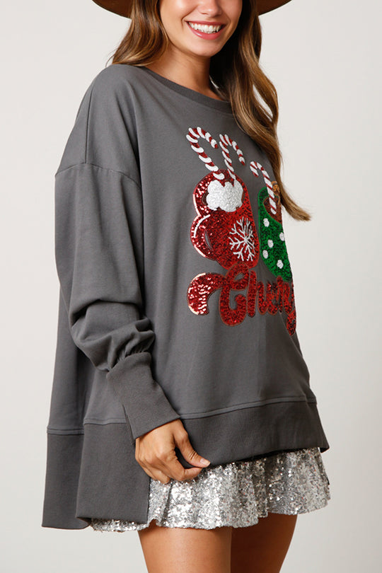 Mune | Christmas Candy Cup Sequins Casual Loose Sweatshirt