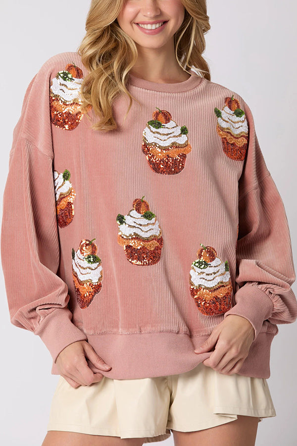 Mune | Christmas Pumpkin Cake Sequins Round Neck Loose Sweatshirt