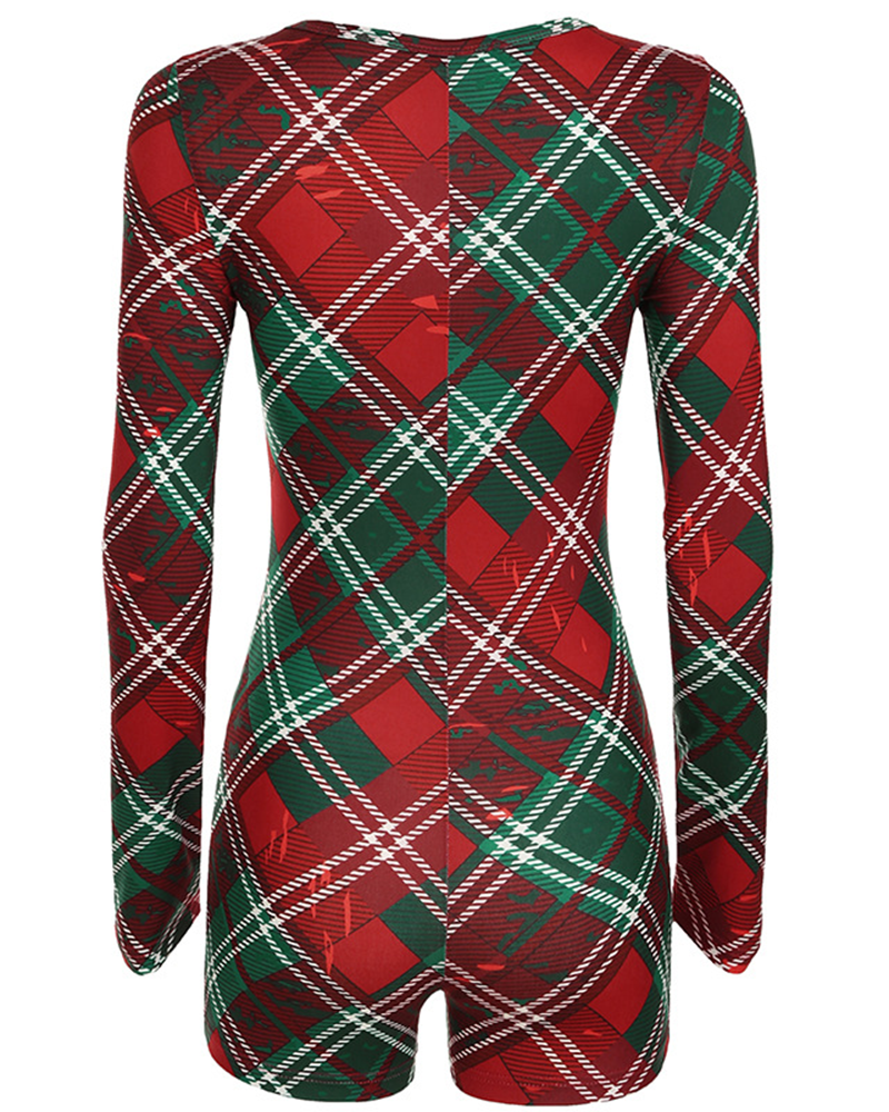 Mune | Christmas Check Pattern V Neck Long Sleeve Jumpsuit Shorts