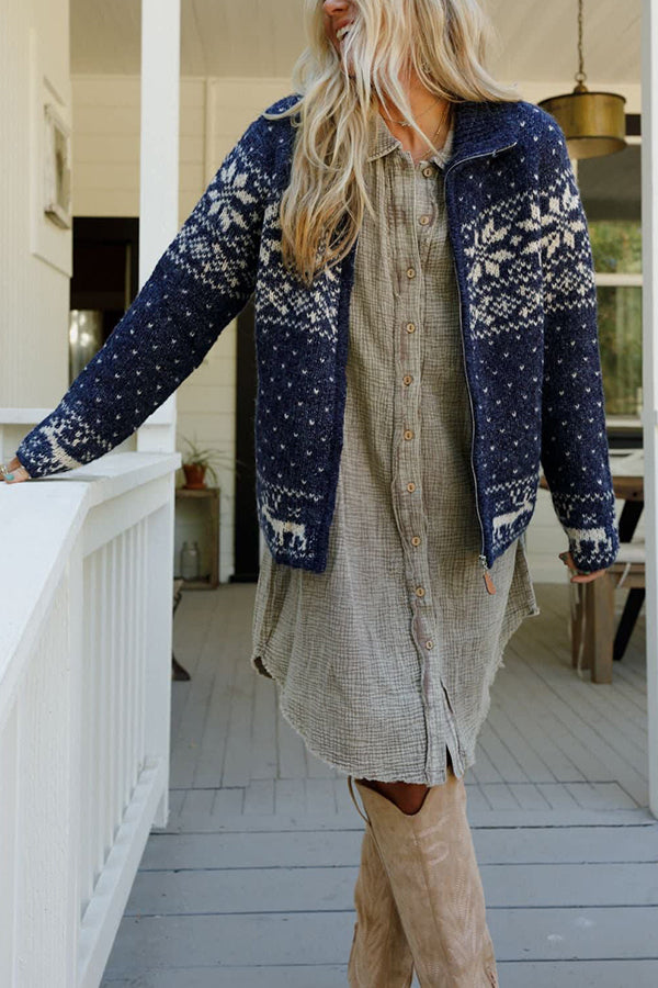 Mune | Christmas Snowflake Moose Zip Long Sleeve Sweater