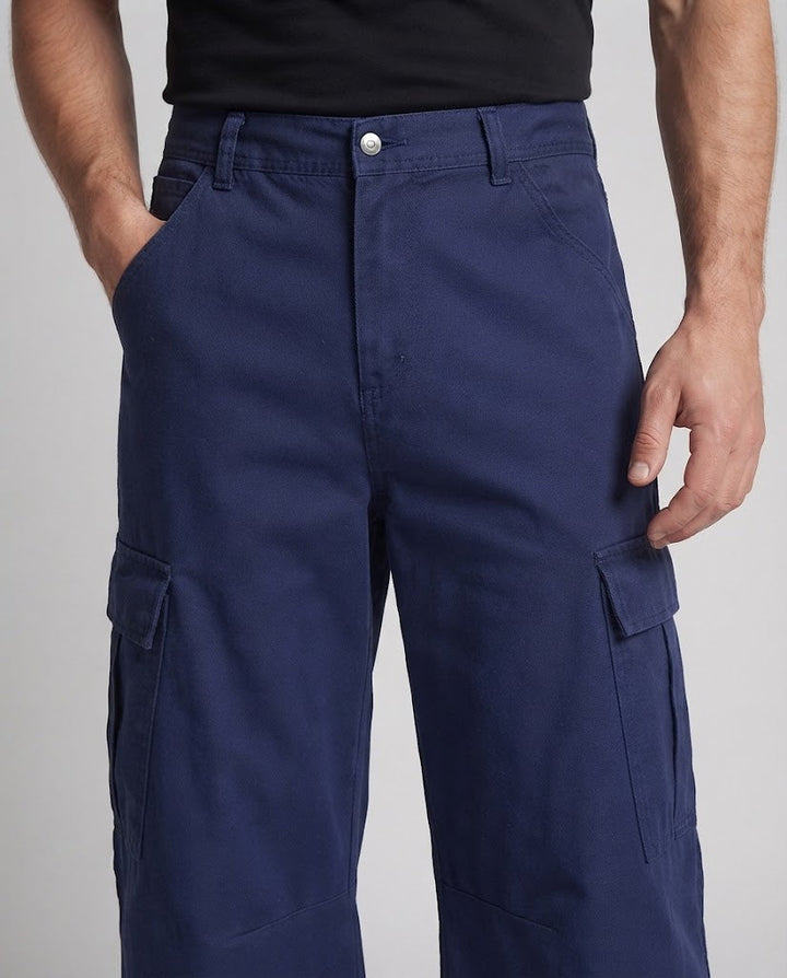 Men's Loose Workstyle Cargo Palazzo Pants with Drop Crotch, Knee Pleats, and Large Flap Pockets Mune Fashion