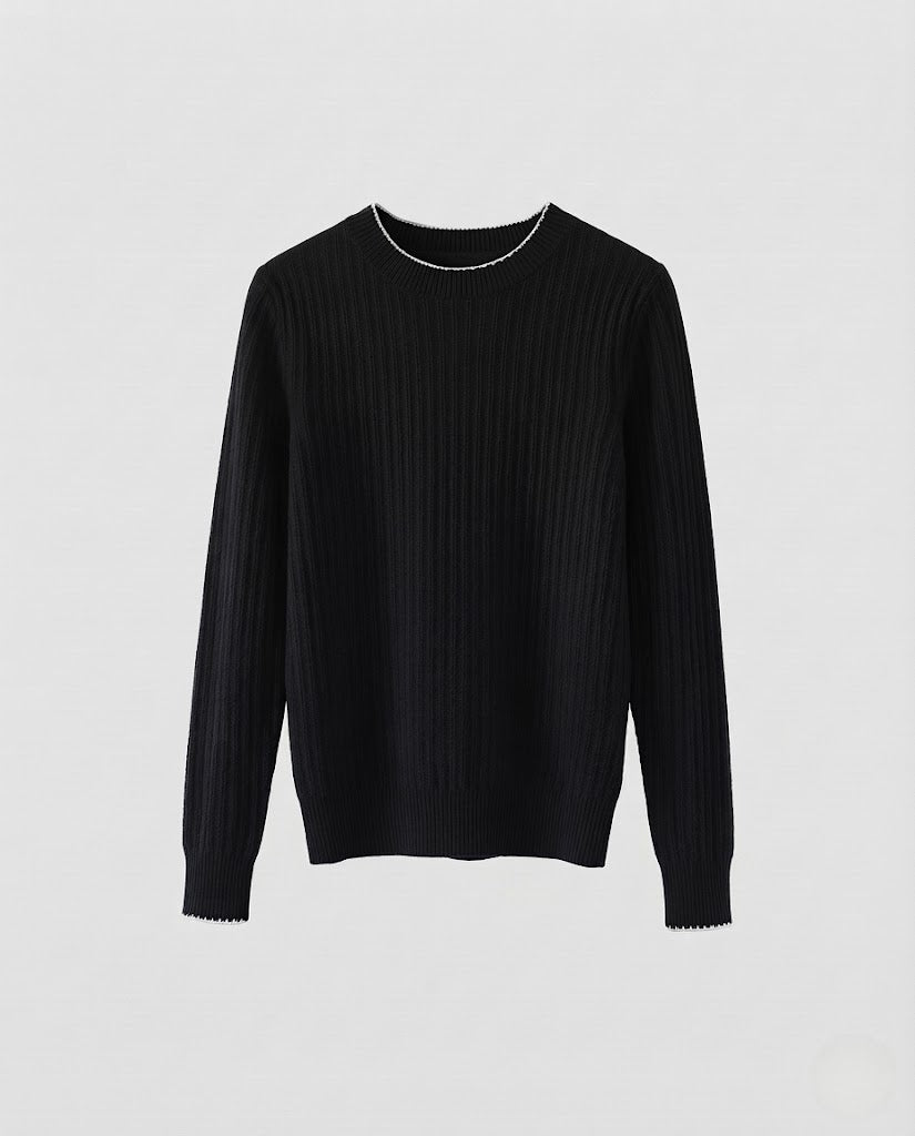 Women Fine Ribbed Knit Pullover with Contrasting Edge Trim and Casual Silhouette Mune Fashion