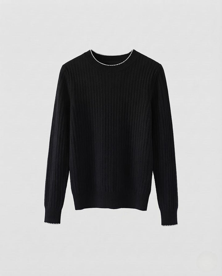 Women Fine Ribbed Knit Pullover with Contrasting Edge Trim and Casual Silhouette Mune Fashion
